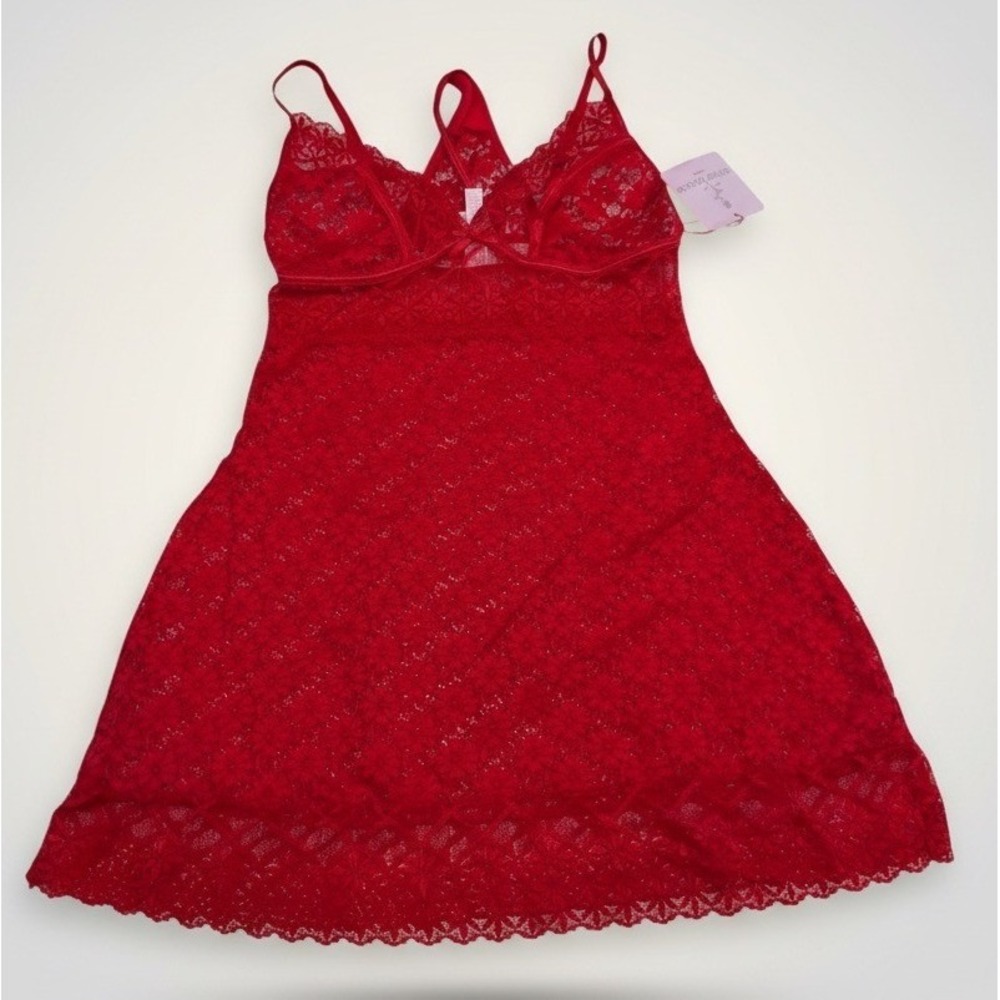 Bed of Roses 2 Pc Lingerie Lace Red Full Coverage Chemise  w/ Thong Size L NWT